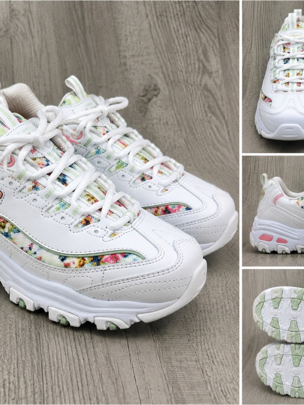 Skechers D’Lites Floral Print Memory Foam Sneakers WhitePinkGreen Size 10 Women